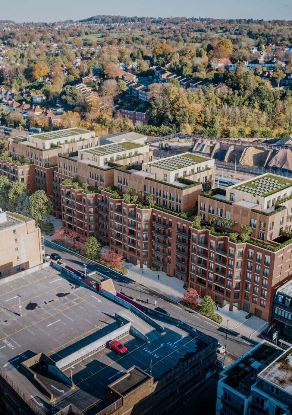 Aerial view of the Whytecliffe Road South scheme and Purley station car park